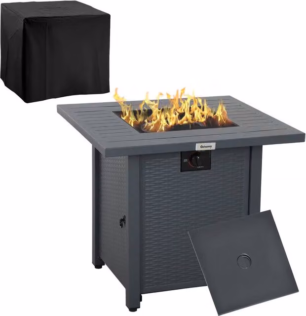 Rolipo Grey Rattan Gas Fire Pit Table with Lava Rocks, W/D/H: 71 x 71 x 63 cm – 1