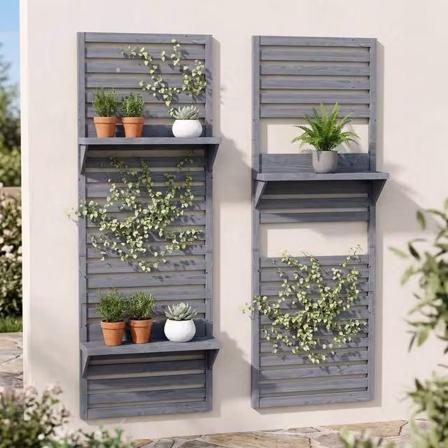STILVORA Set of 2 Wall-Mounted Grey Wood Plant Stands with Adjustable Shelves and Trellis, H 170 x W 60 x D 18 cm – 1