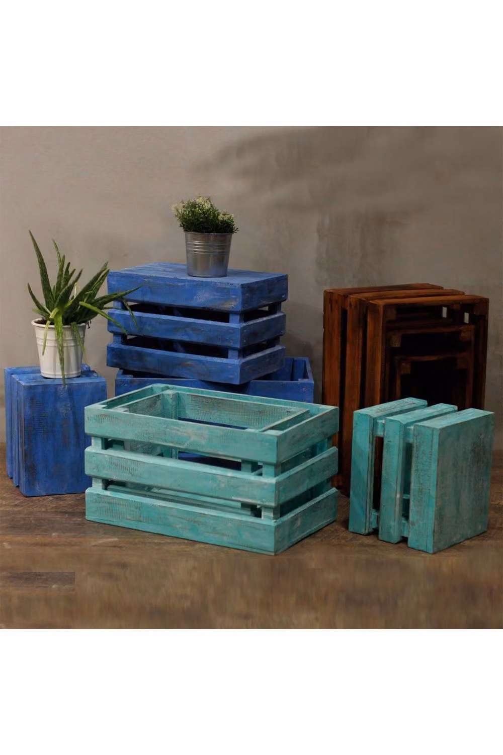 KDMD Set of 3 Slatted Wooden Fruit Boxes in Greenwash Green – 2