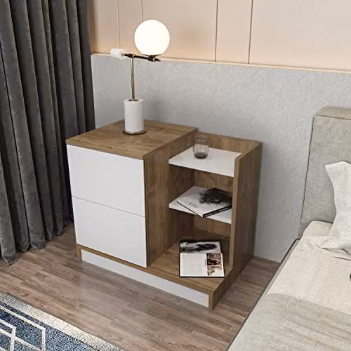 DECOROTIKA Rena Modern Wide Bedside Table with Drawer in White and Brown – 1