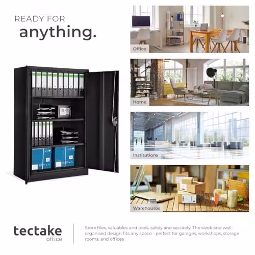 tectake Metal Lockable Filing Cabinet with Adjustable Shelves and Hinged Doors, Black or Grey, H 140 x W 90 x D 40 cm – 8