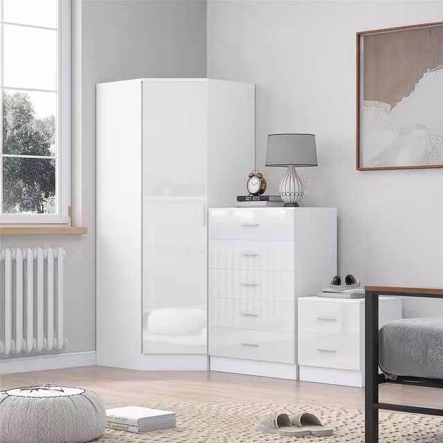 REFLECT Bedroom Furniture Bundle featuring Corner Wardrobe, Chest of Drawers and 2 Drawer Bedside Table in White Gloss and Matt White