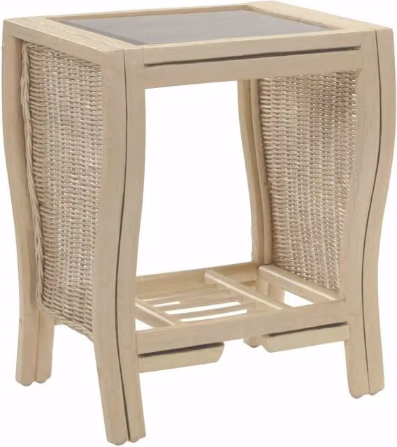 Desser Opera Cane Side Table in Natural Wash and Ivory with Rattan and Glass Top