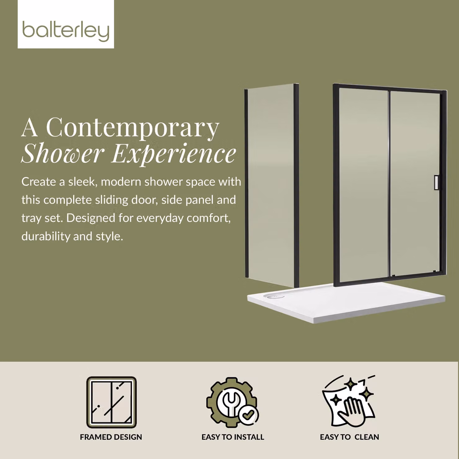 Balterley Ruwa Black Sliding Corner Shower Suite with 6mm Glass Tray, W: 120 cm, D: 76 cm, H: 190 cm – 2