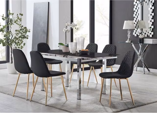 Furniturebox Enna Black Glossy Glass Extending Dining Table and 6 Corona Gold Leg Chairs