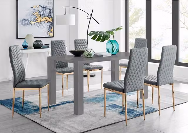 FurnitureboxUK Pivero Grey Rectangular Dining Table with 6 Milan Faux Leather Chairs and Gold Legs