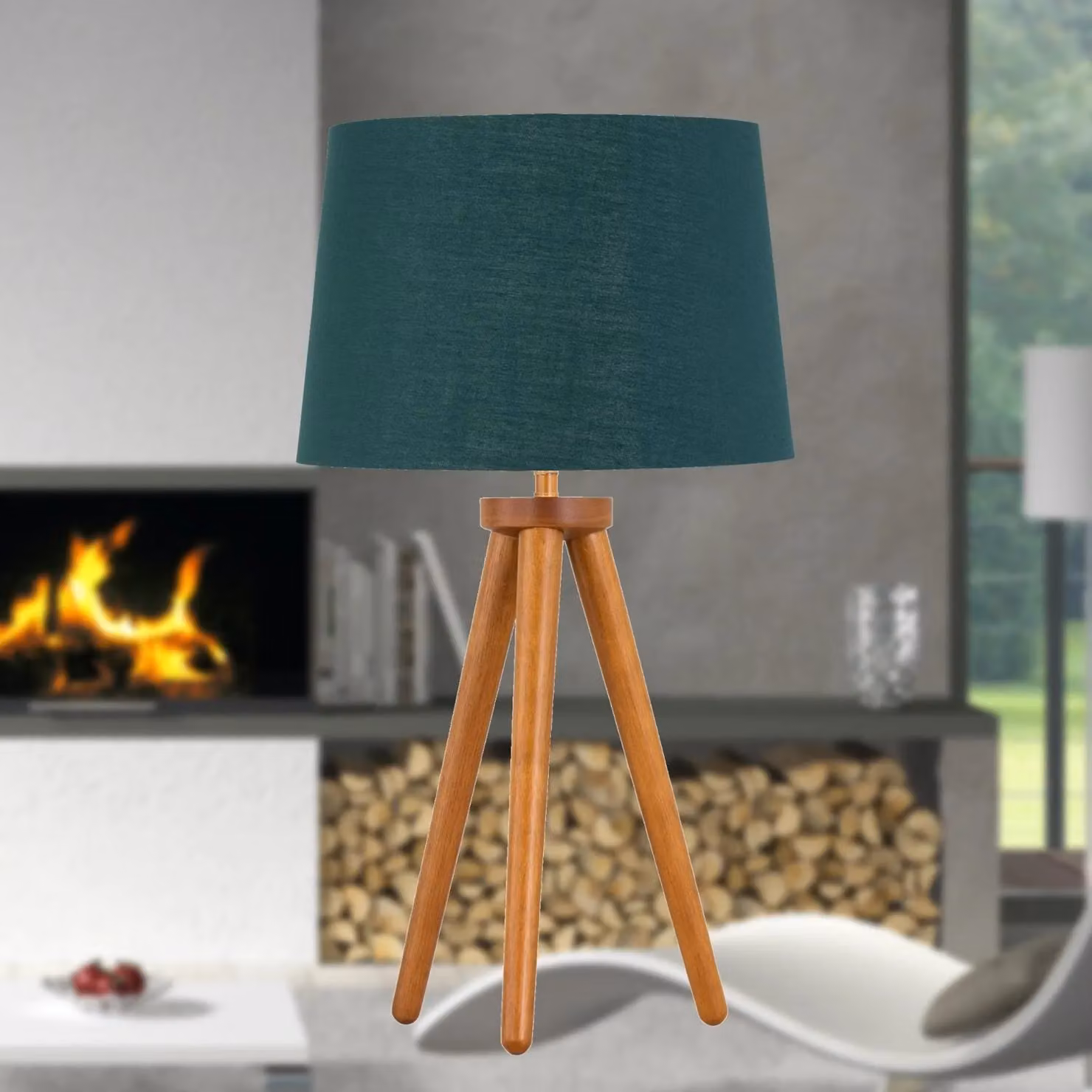 First Choice Lighting Voyage Dark Oak Table Lamp with Green and Gold Fabric Shade – 3
