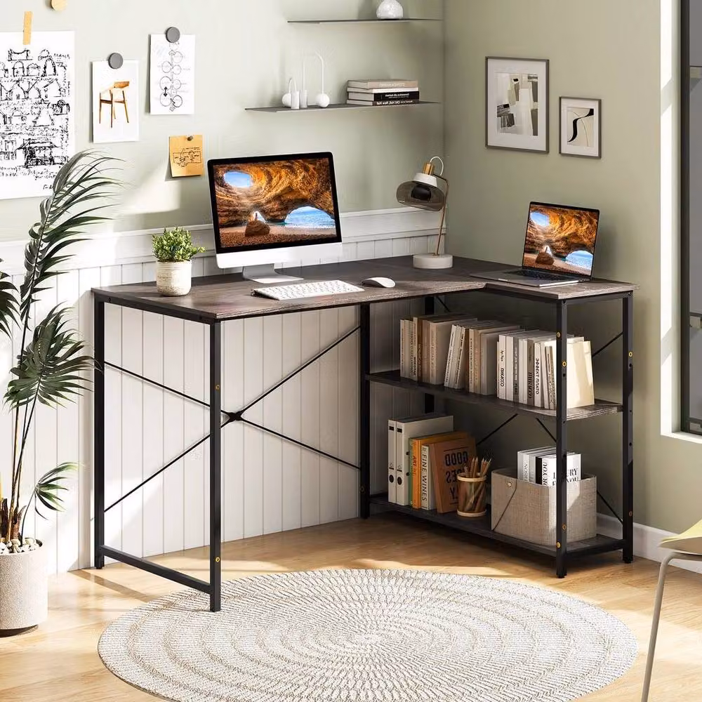 PAWNORA Brown Corner Writing and Study Desk with Metal X-Frame – 3