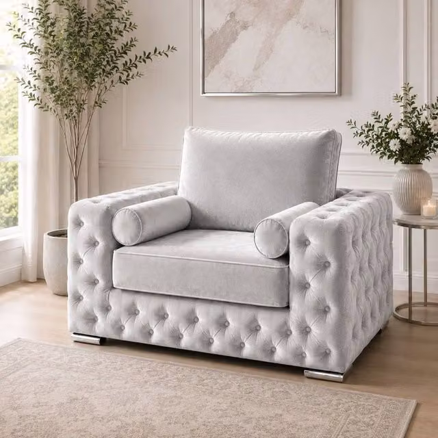 Stratus Interiors Ashley Full Back Chesterfield Plush Velvet Living Room Armchair in Silver