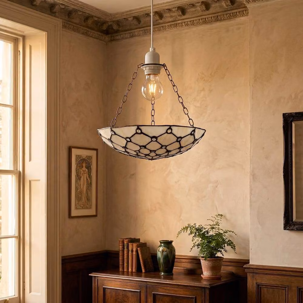 Happy Homewares White and Transparent Beaded Tiffany Glass Dome Pendant Shade with Gold/Brass Finish – 2