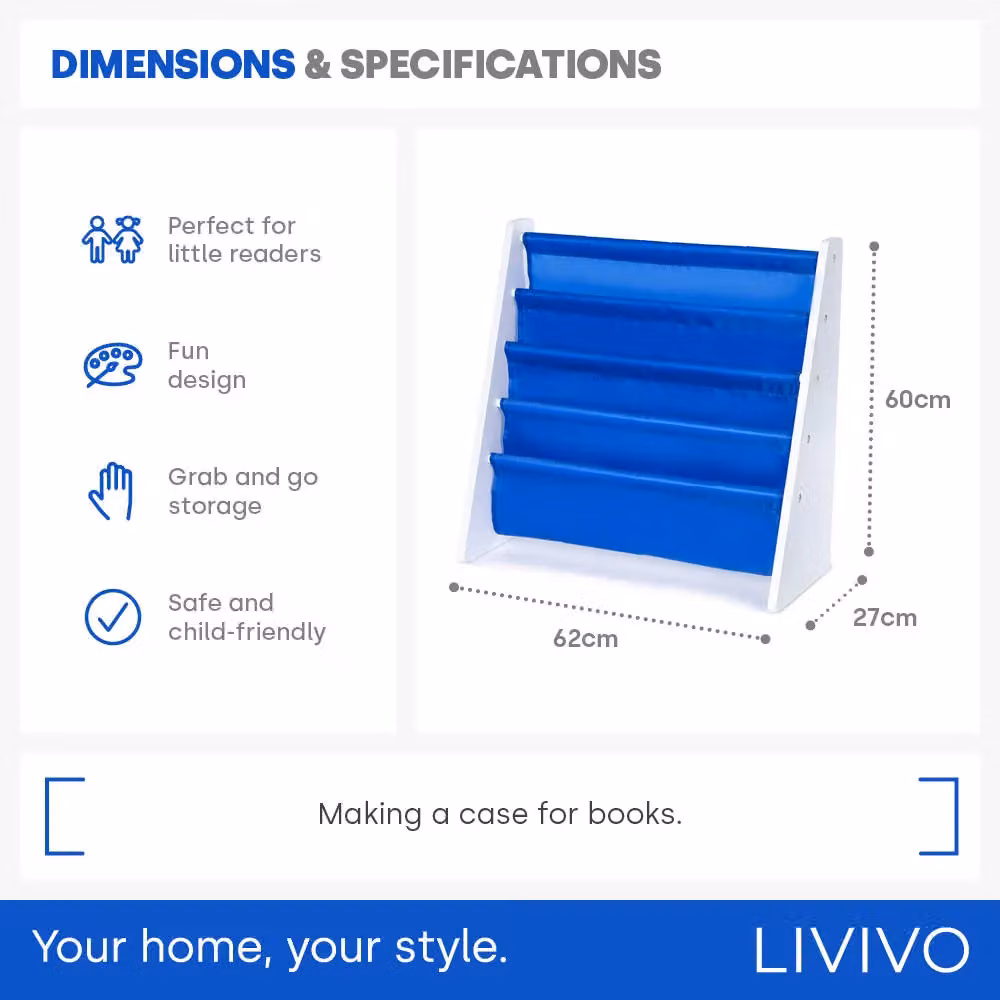 LIVIVO 4 Tier Natural Kids Sling Bookshelf in Blue, W/D/H: 58 x 28 x 58 cm – 6