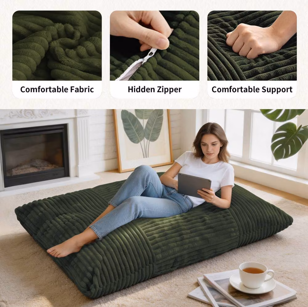 STILVORA 3-in-1 Green Bean Bag Chair with Shredded Memory Foam and Removable Fabric Cover – 7