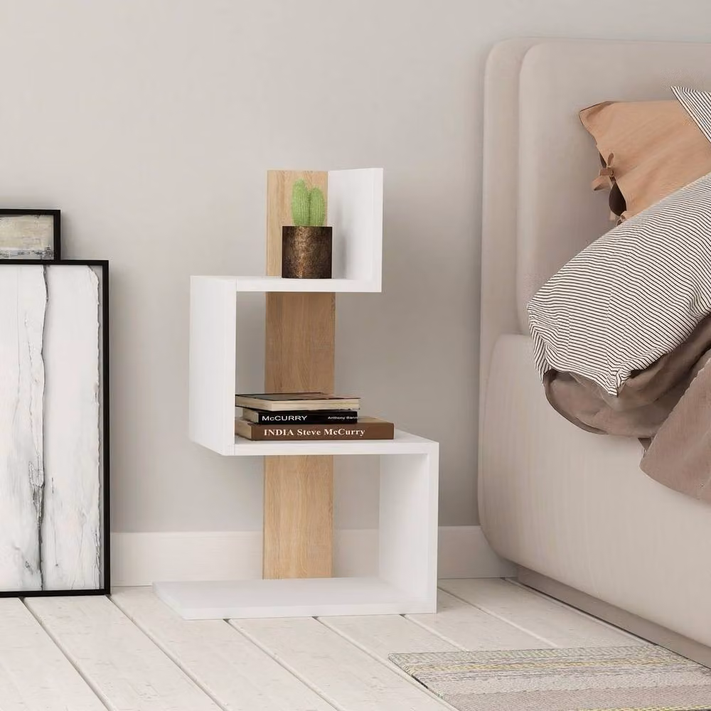 CALICOSY Rosie White Bedside Table with Oak Wood Finish, W: 42 cm, H: 72 cm, D: 30 cm – 2