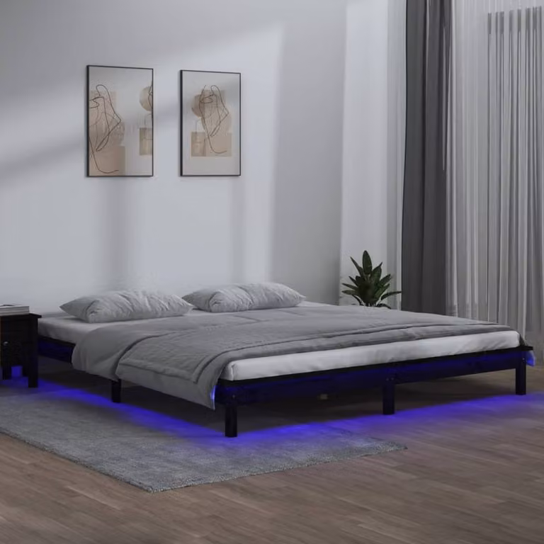 Berkfield Home Black Solid Wood LED Bed Frame with Under-Bed Lighting, W/D/H: 200 x 200 x 211.5 cm
