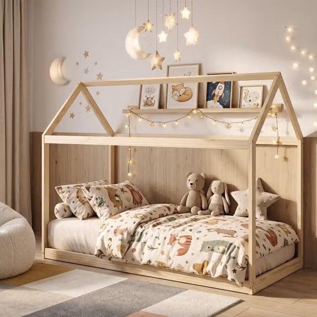 HOMCOM House Style Single Wooden Bed Frame in Natural Brown and Yellow Finish