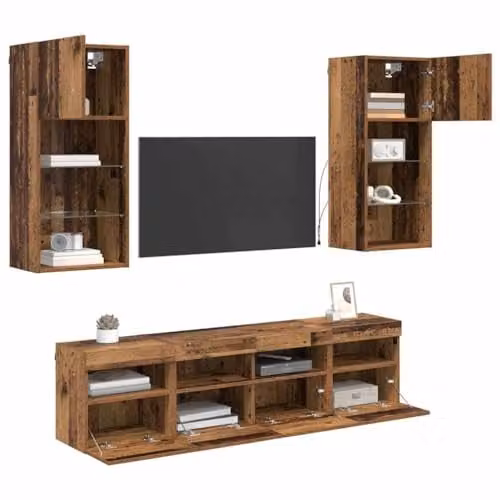 vidaXL Modern Wall Mounted TV Unit with Integrated LED Lighting in Old Wood Brown, 5 Pieces