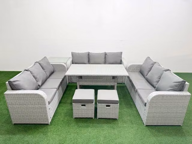 Fimous 11 Seater PE Rattan Outdoor Garden Furniture Set in Light Grey with Rectangular Dining Table, 3 Seater Sofa, 2 Stools and Side Table