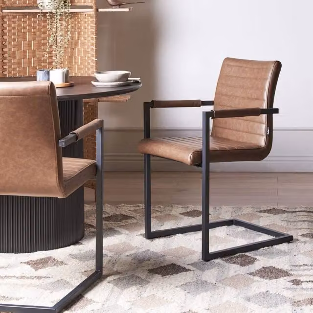 Wyld Haus Set of 2 Brown Faux Leather Cantilever Dining Chairs with Armrests – 1