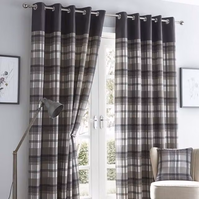 Portfolio Home Orleans Eyelet Curtains, Grey Checked, Pair, Width: 183 cm, Height: 168 cm