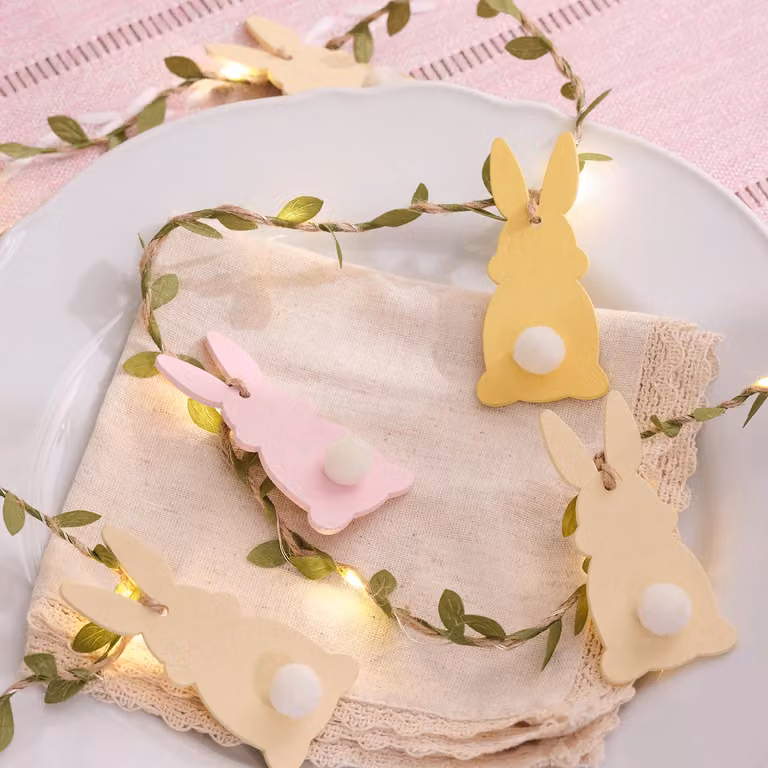 Lights4fun Easter Bunny Garland with 20 Micro LED Lights and Faux Foliage in Pink, Yellow and Multicolour, 2m