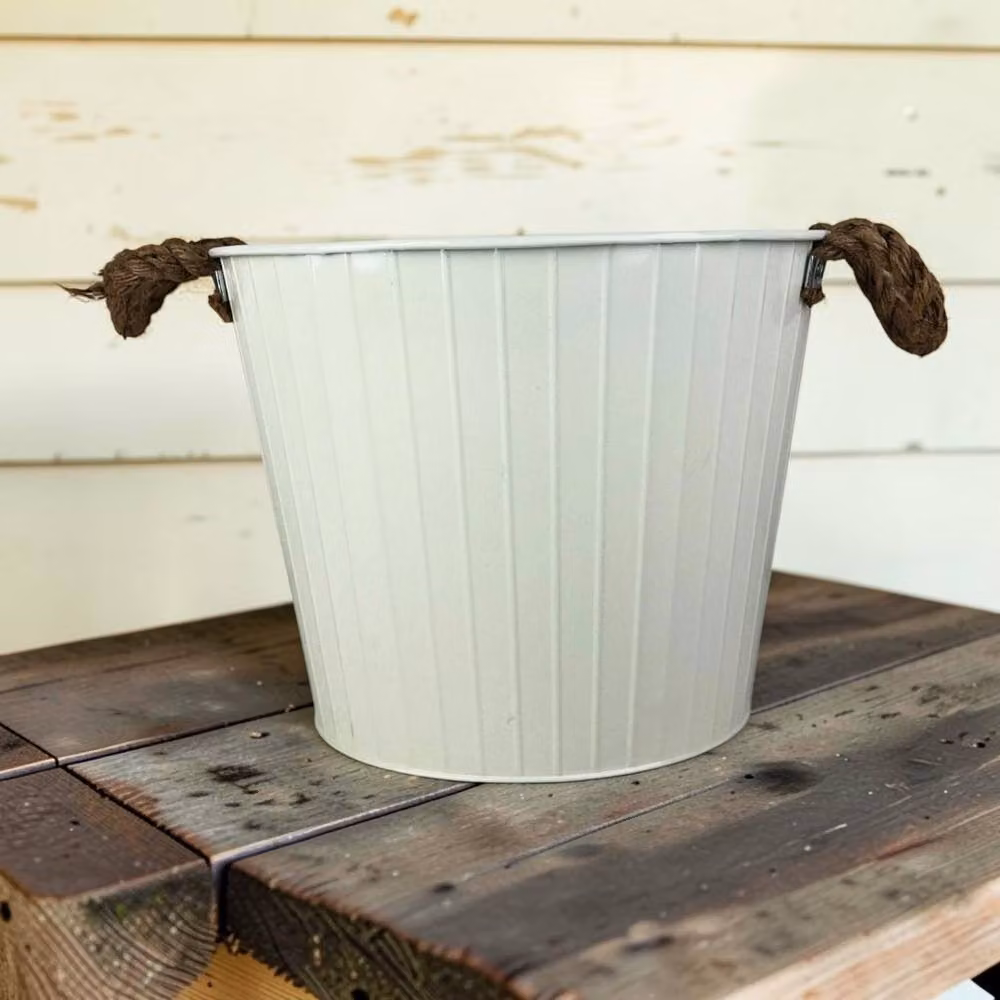 Four Candle Cream Zinc Ribbed Planter with Rope Handles, Diameter: 28 cm – 2