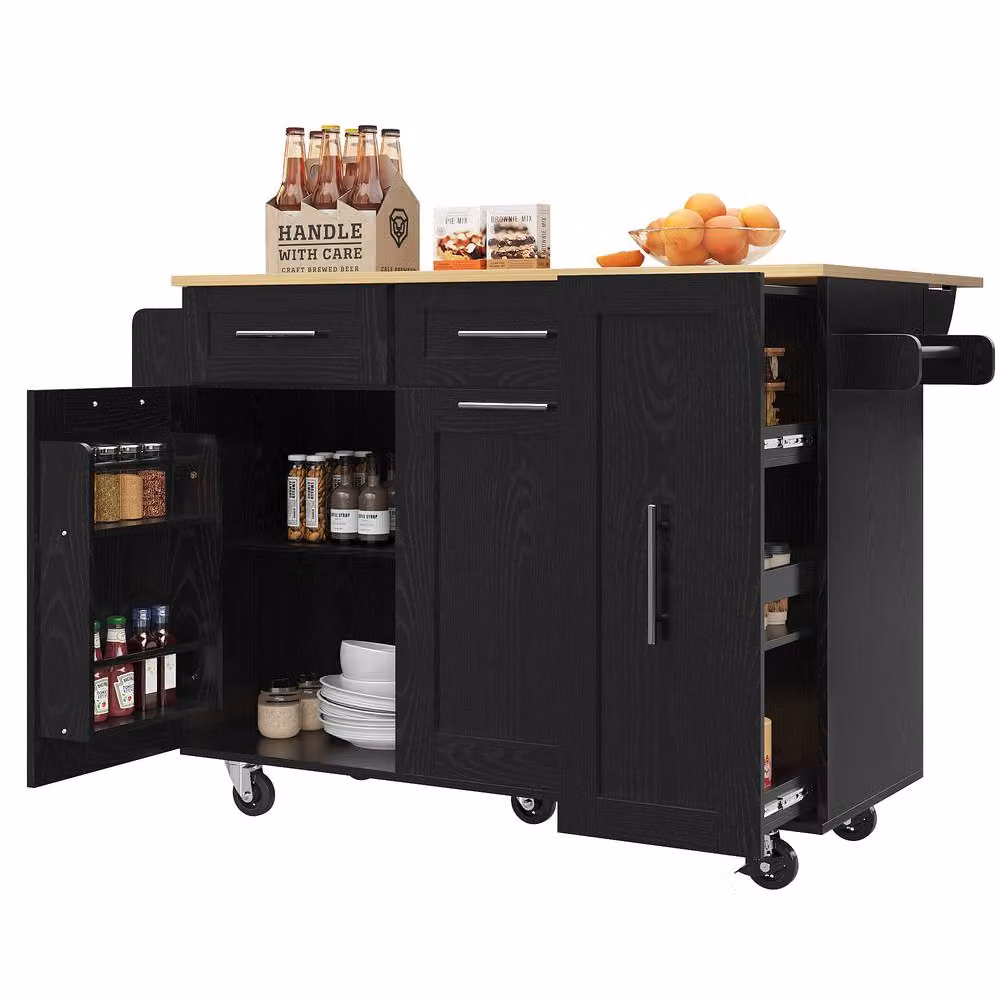 Rolipo Black Kitchen Island Trolley with Folding Dining Table and Storage – 7
