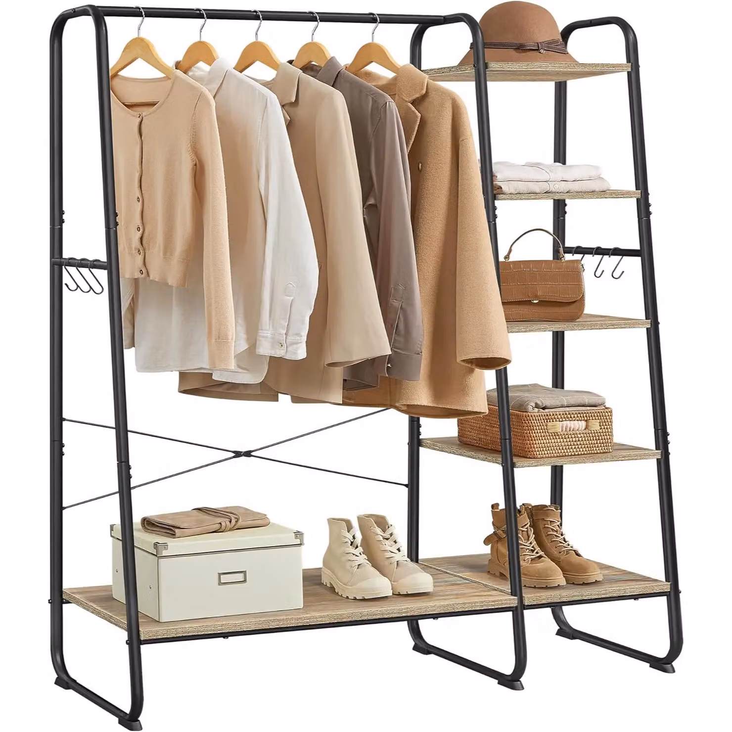 VASAGLE 5-Tier Clothes Rack with Shoe Storage and Side Hooks in Camel – 3