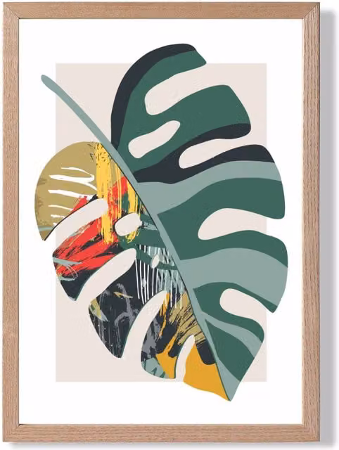 ARTZE Monstera Green and Red Minimalist Botanical Framed Print with Oak Wood Frame