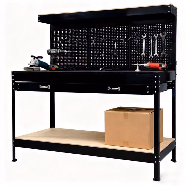 SwitZer Heavy Duty Metal Workbench with Pegboard and Drawer in Black