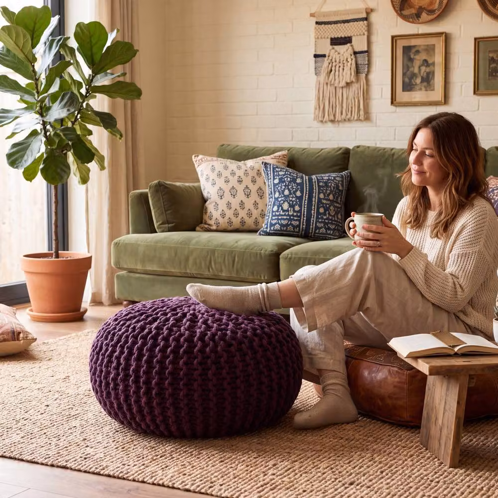 Bravich LTD Chunky Knitted Cotton Round Pouffe Footstool in Purple, Diameter: 50 cm – 2
