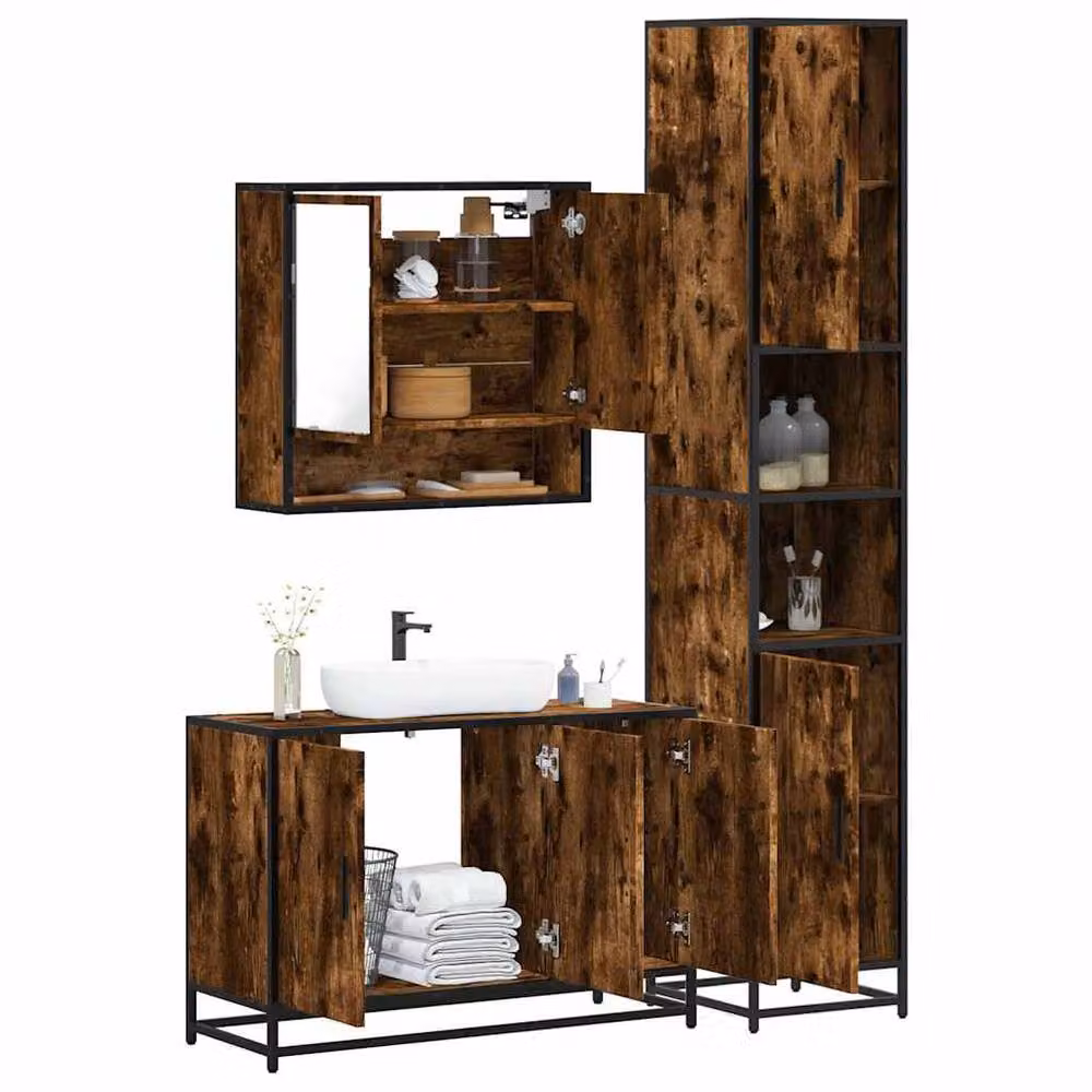 Berkfield Home 3 Piece Industrial Bathroom Furniture Set in Brown Smoked Oak – 2