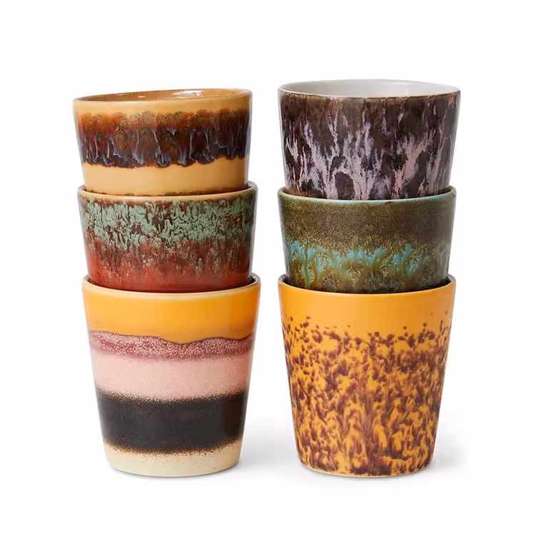HKLIVING Valley 70s Ceramic Coffee Mug Set of 6, Multicolour