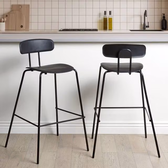 Wyld and Coco Set of 2 Black Counter Stools with Synthetic Leather Seats and Powder Coated Metal Legs