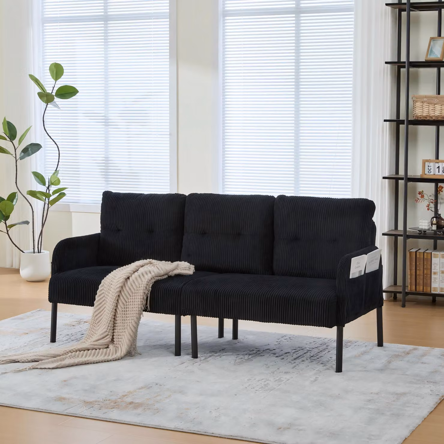 Aosom UK Oversized Two-Seater Corduroy Sofa in Black with Ergonomic Curves and Dual Side Storage Pockets, W/D/H: 171 x 72 x 80 cm – 3