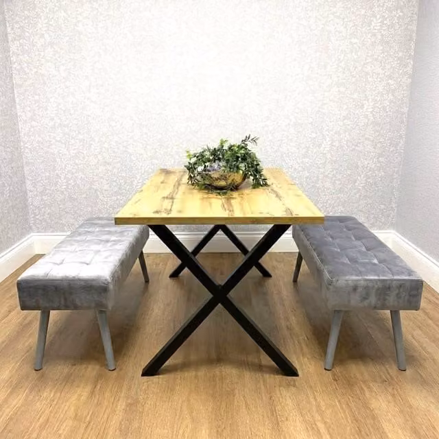 KOSY KOALA Brown Wooden Rectangular Dining Table with 2 Grey Velvet Padded Benches