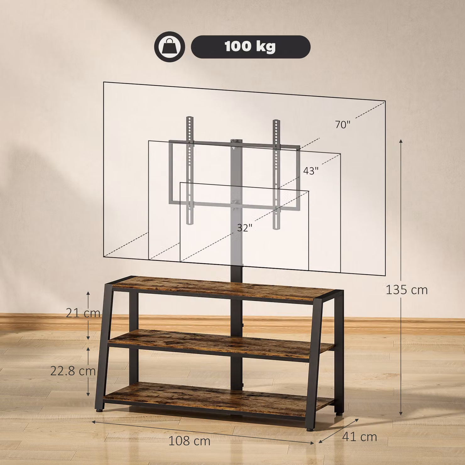 HOMCOM Industrial TV Stand Cabinet with Swivel Bracket for 32 to 65 Inch TVs, Rustic Brown – 3