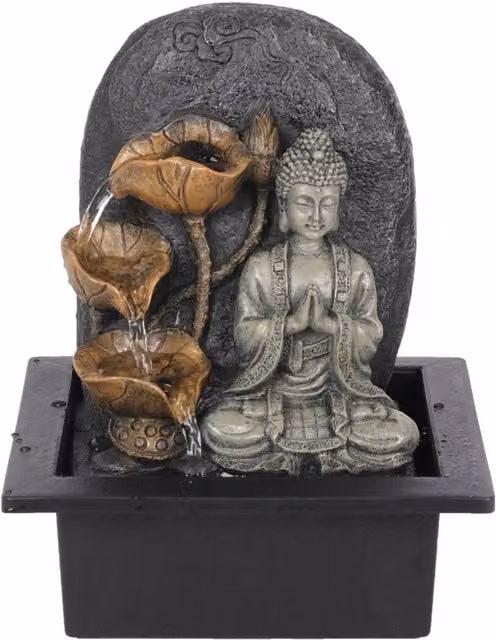 KDMK Grey Buddha LED Tabletop Water Fountain with Oriental Design, H 24.5 cm x W 23.5 cm x D 20.5 cm