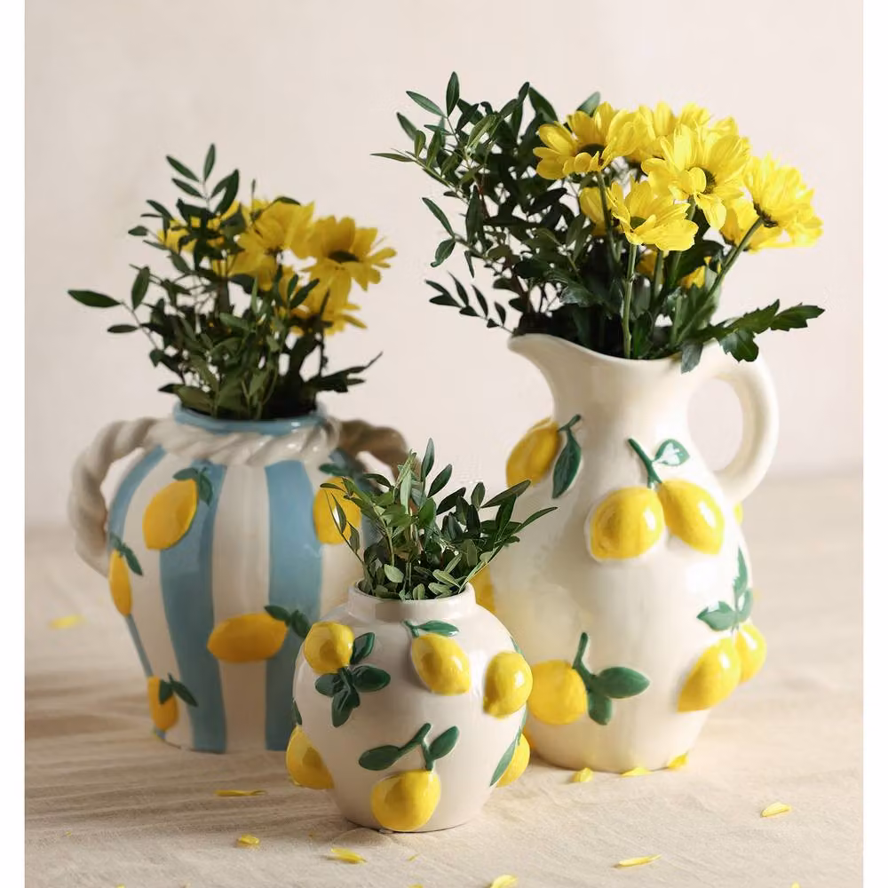 Widdop and Co Hestia Mediterranean-Style Ceramic Vase with Embossed Lemons in White and Yellow, H 12.0 cm x W 12.0 cm x D 12.0 cm – 3