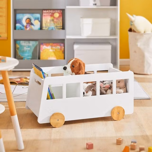 SoBuy Bus-Shaped Book Trolley in White with Bamboo Wheels and MDF Wood Construction – 1