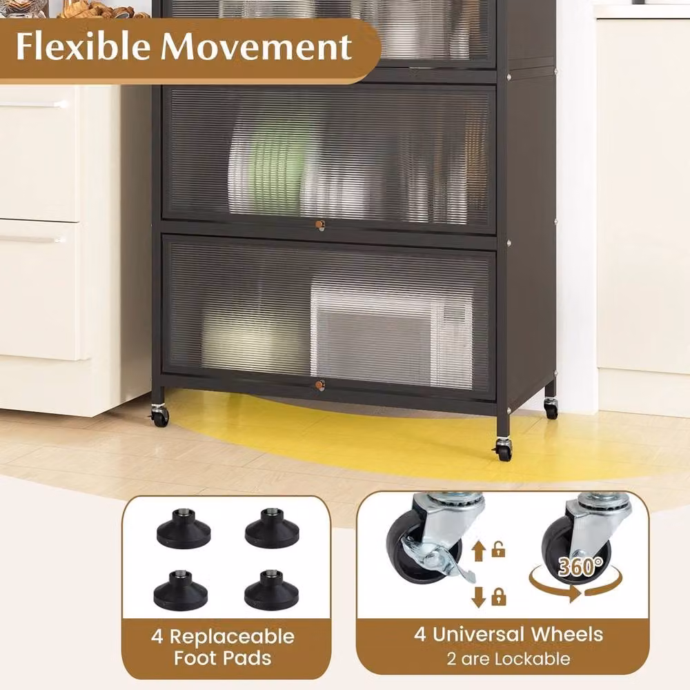 VOGREX 5-Tier Black Metal Kitchen Storage Cabinet with Hinged Glass Doors and Wheels – 3