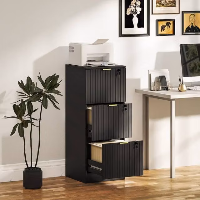 HOMCOM Black Modern File Cabinet with 3 Lockable Drawers and Hanging Rails