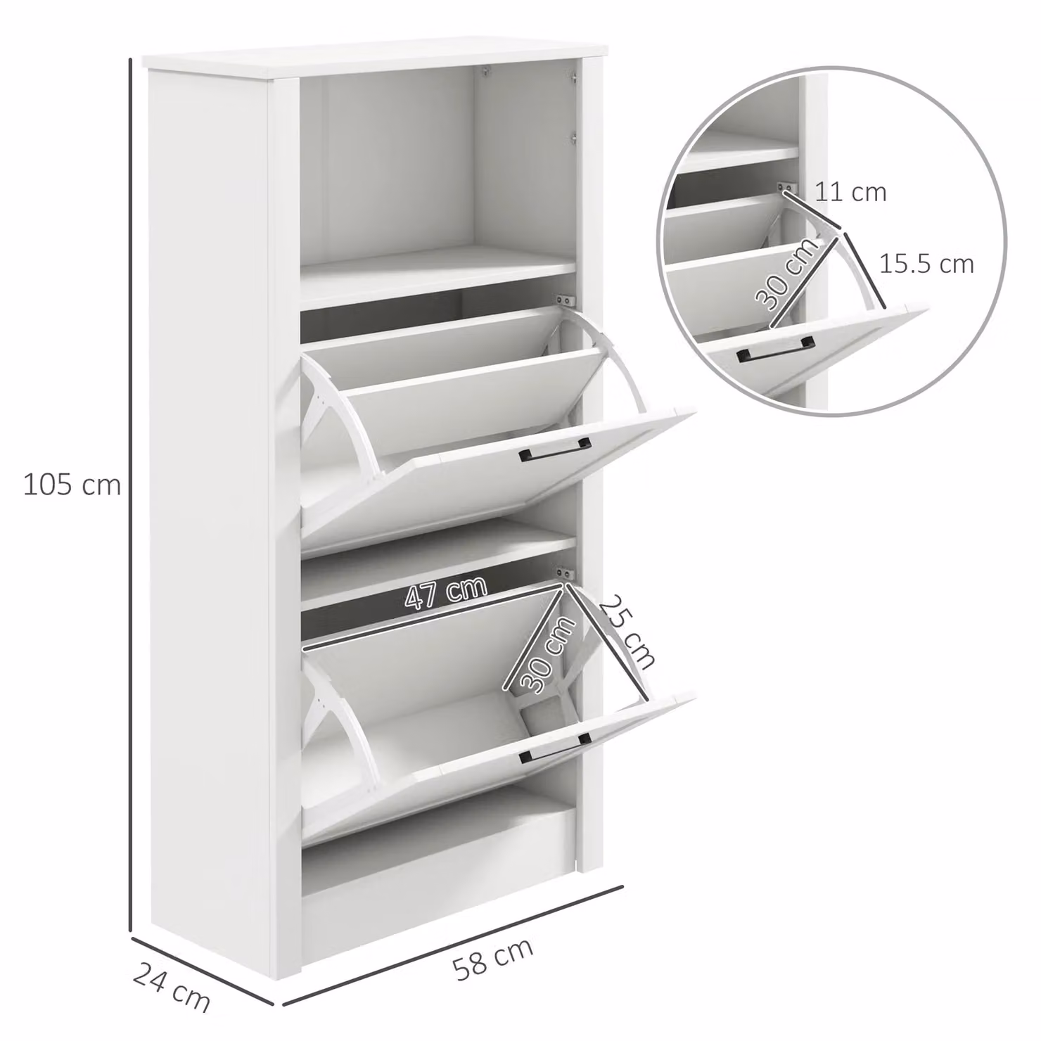 HOMCOM Modern White Shoe Cabinet with 2 Tilting Compartments and Internal Shelves – 2