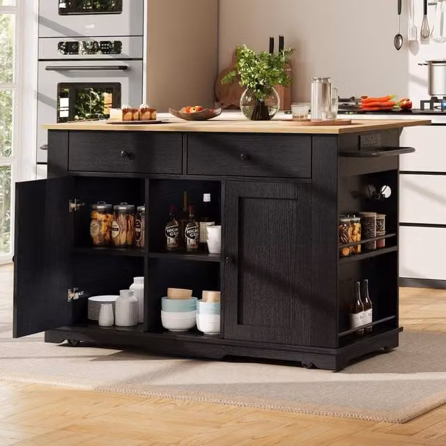 Merax Mobile Kitchen Island Trolley in Black with 2 Drawers, Spice Rack and Towel Rail, W/D/H: 91.7 x 59.7 x 151.5 cm