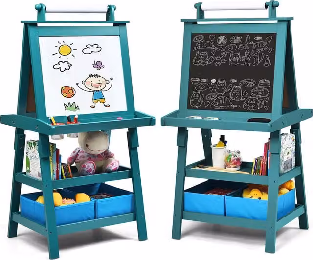 Costway Blue Kids Art Easel with Whiteboard and Paper Holder