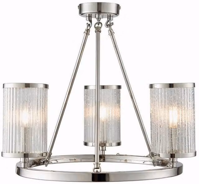 Netlighting Easton 3 Light Semi Flush Ceiling Light in Bright Nickel and Grey with Ribbed Bubbled Glass and E14 Bulbs