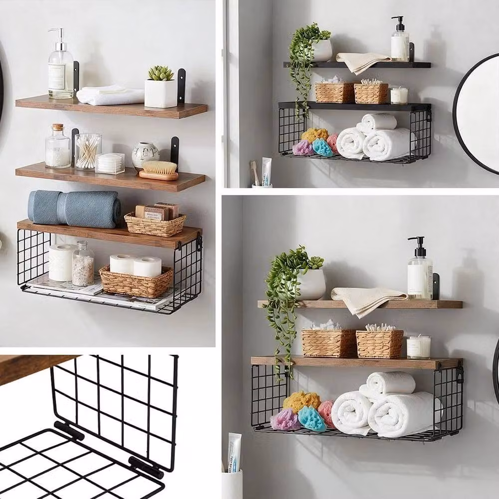 Kelvenix Black Industrial Wall Mounted Floating Storage Shelves with 2 Shelves and 1 Basket – 4