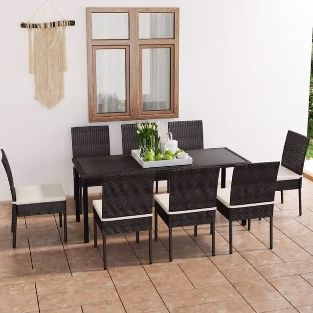 Berkfield Home 9 Piece Modern Poly Rattan Outdoor Dining Set with Cushions in Black – 1
