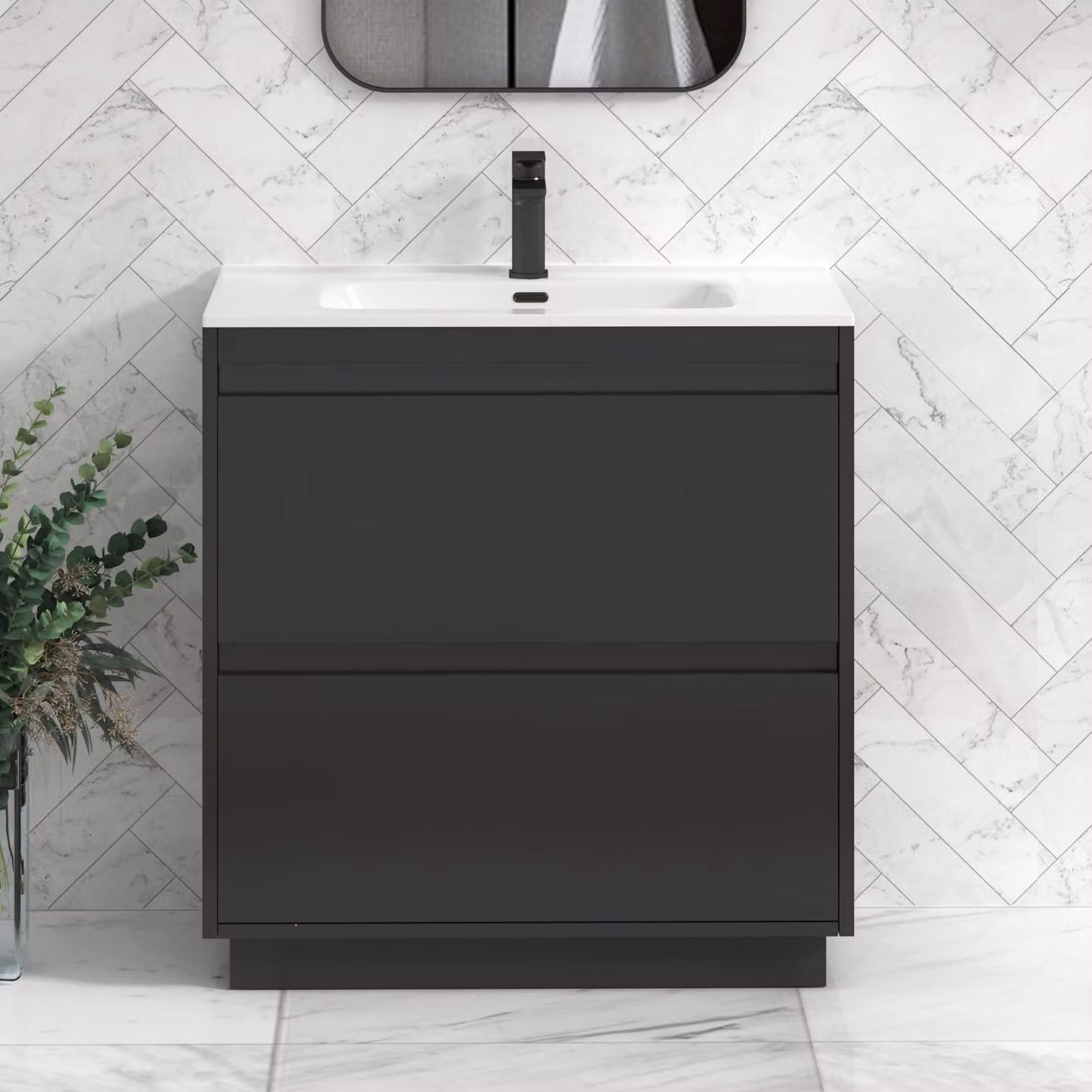 Royal Bathrooms Orion 800mm Matt Obsidian Black 2 Drawer Floor Standing Vanity Unit with Ceramic Basin and Black Accent Trim
