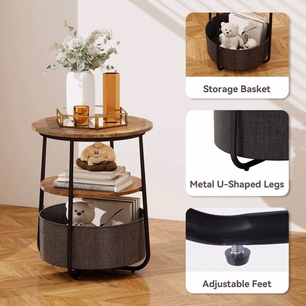 EONLION Modern Brown 3-Tier Wood Sofa Side Table with LED Light and Round Top – 3