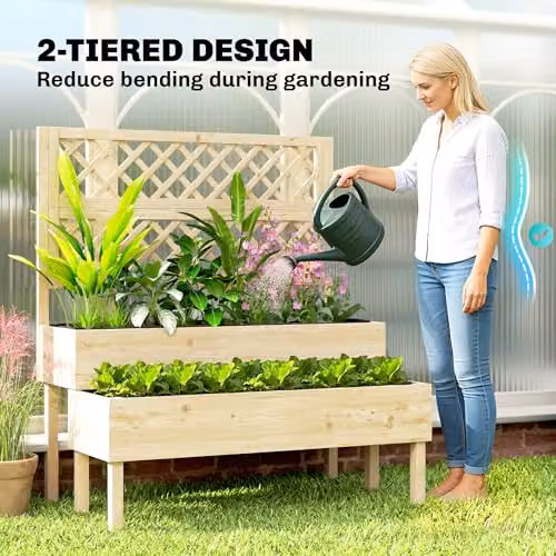 Outsunny 2-Tier Wooden Raised Garden Bed Planter with Trellis, Brown, H x W x D: 120 x 108 x 62 cm – 4